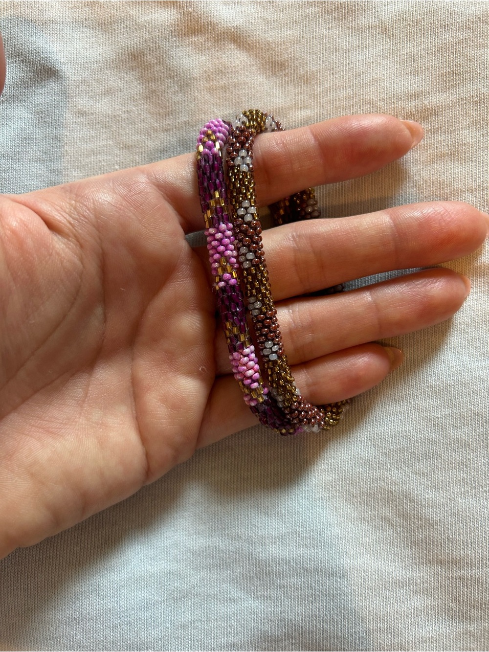 Set of 2 Nepalese Style Roll-On Bracelets Pink/Purple/Gold Seed Beads